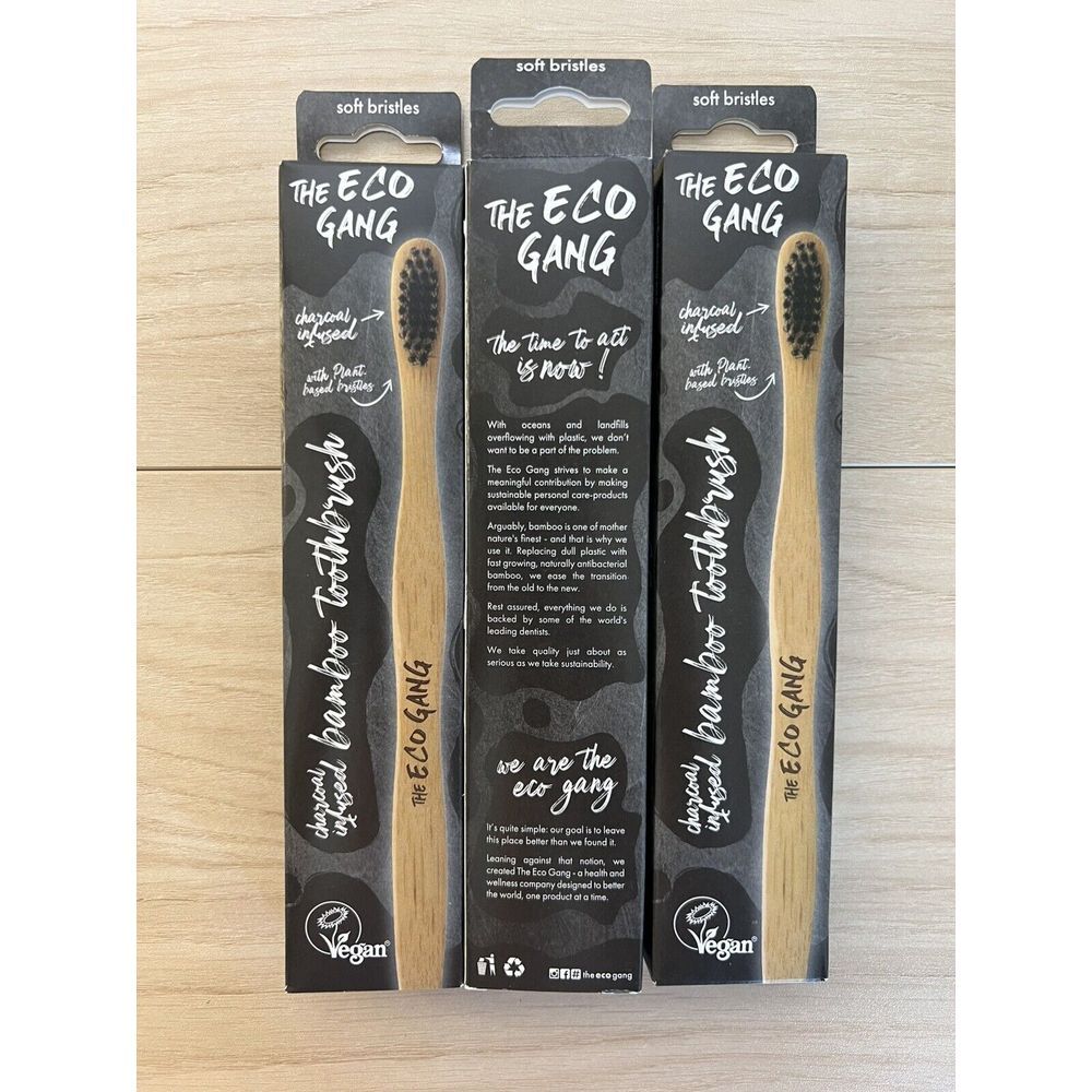 3 Pack- The Eco‎ Gang Charcoal Toothbrush Plant Based Sensitive Vegan Black